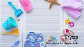  Presentation with brown bear baby shoes - Presentation design with set of baby beach accessories background and a light blue colored foreground