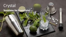  Presentation with cocktail bar - Presentation design enhanced with set of bar tools cocktail shaker muddler and glass with ice lime and mint on dark stone table top view bartender's tool mojito cocktail making background and a dark gray colored foreground