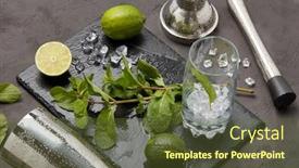  Presentation with bartender - Presentation consisting of set of bar tools cocktail shaker muddler and glass with ice lime and mint on dark stone table top view bartender's tool mojito cocktail making background and a tawny brown colored foreground