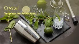  Presentation with bartender - Beautiful presentation design featuring set of bar tools cocktail shaker muddler and glass with ice lime and mint on dark stone table top view bartender's tool mojito cocktail making backdrop and a tawny brown colored foreground