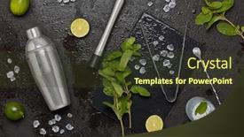  Presentation with cocktail bar - Presentation theme with set of bar tools cocktail shaker muddler bar spoon ice tongs and glass with ice lime and mint on dark stone table top view bartender's tool mojito cocktail making background and a tawny brown colored foreground