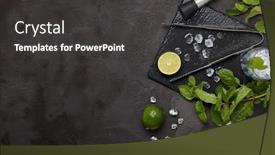  Presentation with cocktail bar - Presentation design having set of bar tools cocktail shaker muddler ice tongs and glass with ice lime and mint on dark stone table top view with copy space bartender's tool mojito cocktail making background and a dark gray colored foreground