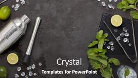  Presentation with bartender - Audience pleasing presentation theme consisting of set of bar tools cocktail shaker muddler bar spoon ice tongs and glass with ice lime and mint on dark stone table top view with copy space bartender's tool mojito cocktail making backdrop and a dark gray colored foreground