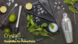  Presentation with cocktail bar - Presentation featuring set of bar tools cocktail shaker muddler bar spoon ice tongs and glass with ice lime and mint on dark stone table top view bartender's tool mojito cocktail making background and a tawny brown colored foreground