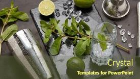  Presentation with cocktail bar - Cool new presentation design with set of bar tools cocktail shaker muddler and glass with ice lime and mint on dark stone table top view bartender's tool mojito cocktail making backdrop and a tawny brown colored foreground