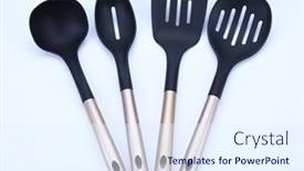  Presentation with cooking utensils - PPT theme featuring set-of-black-plastic-cooking background and a sky blue colored foreground
