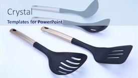  Presentation with cooking utensils - Slides enhanced with set-of-black-plastic-cooking background and a light blue colored foreground