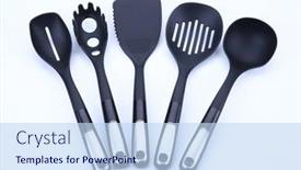  Presentation with cooking utensils - Slide set enhanced with set-of-black-plastic-cooking background and a  colored foreground