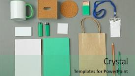  Presentation with branding - Colorful presentation enhanced with set of blank items backdrop and a seafoam green colored foreground