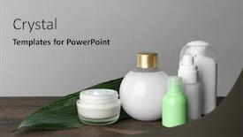  Presentation with skincare and body care spa - Colorful presentation enhanced with set of body care products on wooden table against grey background backdrop and a light gray colored foreground