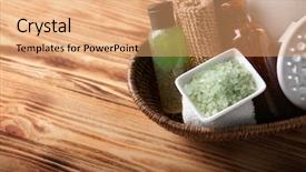  Presentation with scrubs - Beautiful PPT theme featuring set of body scrubs and bath accessories in basket on wooden background backdrop and a coral colored foreground