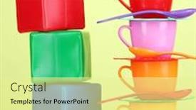  Presentation with light green - Colorful slide deck enhanced with set of children's dishes and cubes on table on light green background backdrop and a blonde colored foreground