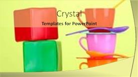  Presentation with light green - Presentation design enhanced with set of children's dishes and cubes on table on light green background background and a blonde colored foreground