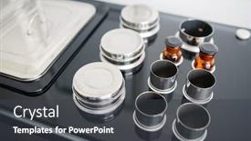  Presentation with steel - Cool new slide deck with set of clean steel medical containers of various sizes and bottles on black table ready to use backdrop and a dark gray colored foreground