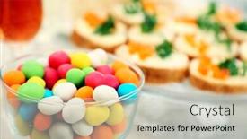  Presentation with beverages - Slide deck consisting of set of cold snacks canape beverages and dessert closeup background and a light gray colored foreground