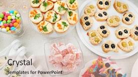  Presentation with snacks - Colorful presentation theme enhanced with food buffet catering dining eating - set of cold snacks canape backdrop and a lemonade colored foreground