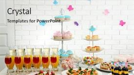  Presentation with beverages - Slides consisting of set of cold snacks canape beverages and dessert closeup background and a light gray colored foreground