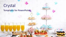  Presentation with beverages - PPT theme with set of cold snacks canape beverages and dessert closeup background and a sky blue colored foreground