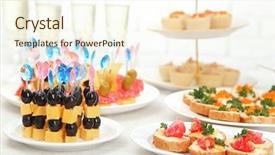  Presentation with beverages - Presentation having set of cold snacks canape beverages closeup background and a cream colored foreground