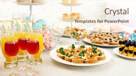  Presentation with beverages - PPT layouts featuring set of cold snacks canape beverages and dessert closeup background and a cream colored foreground
