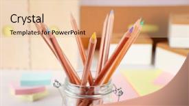 Presentation with coloured - Presentation theme consisting of set of coloured pencils in a glass pot close up background and a coral colored foreground