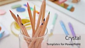  Presentation with coloured - Audience pleasing slides consisting of set of coloured pencils in glass jar on a table backdrop and a coral colored foreground