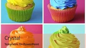  Presentation with cupcakes - Presentation featuring set of colourful cupcakes on motley backgrounds background and a gold colored foreground