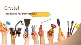  Presentation with set of construction tools tool - Presentation with set of construction tools house background and a cream colored foreground