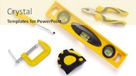  Presentation with construction tools - Colorful slide deck enhanced with set-of-construction-tools-isolated backdrop and a blonde colored foreground