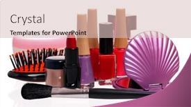  Presentation with nail - Cool new slides with set of cosmetics - nail polish small mirror comb and lipstick on white background backdrop and a soft green colored foreground