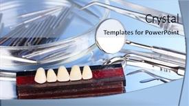  Presentation with dental prosthesis - Audience pleasing PPT theme consisting of set of dental tools backdrop and a light blue colored foreground