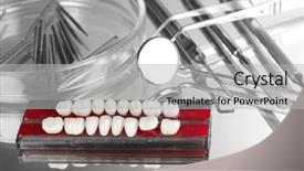  Presentation with dental prosthesis - Amazing presentation design having set of dental tools backdrop and a light gray colored foreground