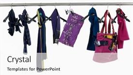  Presentation with females - Beautiful slide deck featuring set of different bag scarf belt for females on hangers backdrop and a white colored foreground