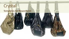  Presentation with females - PPT layouts featuring set of different bag for females on hangers background and a cream colored foreground