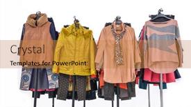  Presentation with females - Presentation theme enhanced with set of different clothes for females on hanger background and a gold colored foreground