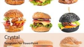  Presentation with burgers - Presentation design with set of different delicious burgers background and a coral colored foreground