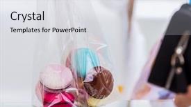  Presentation with chocolate strawberry - PPT layouts featuring set of different french cookies macaroons macaroons in a paper box top view closeup coffee chocolate vanilla lemon raspberry strawberry pistachio violet rose orange tastes macaroons background and a light gray colored foreground