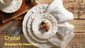  Presentation with empty of wood table top - Audience pleasing slides consisting of set of dinnerware on wooden backdrop and a  colored foreground