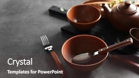  Presentation with cutlery - Cool new PPT theme with set-of-dishes-and-cutlery backdrop and a tawny brown colored foreground