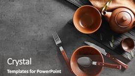  Presentation with cutlery - Amazing presentation theme having set-of-dishes-and-cutlery backdrop and a tawny brown colored foreground