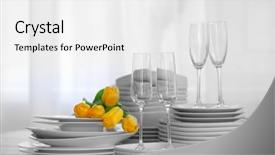  Presentation with dinner party - Audience pleasing presentation consisting of set of dishes with yellow backdrop and a white colored foreground