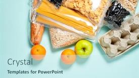  Presentation with food donation - Theme having set-of-food-products-food background and a cool aqua colored foreground