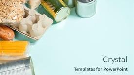  Presentation with food donation - PPT theme enhanced with set-of-food-products-food background and a sky blue colored foreground