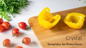  Presentation with step - Presentation having set of fresh vegetables tomatoes rucola yellow pepper on a wooden board on a white kitchen table with copy space photo step-by-step recipe background and a yellow colored foreground