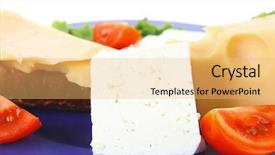  Presentation with blue cheese - Amazing slides having set of gourment cheese slice and chunk bar white goat greek yellow french aged on half of rye bread on green lettuce salad with tomatoes on blue plate isolated over white background backdrop and a yellow colored foreground