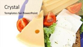  Presentation with blue cheese - Amazing PPT theme having set of gourment cheese slice and chunk bar white goat greek yellow french aged on half of rye bread on green lettuce salad with tomatoes on blue plate isolated over white background backdrop and a blonde colored foreground