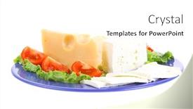  Presentation with blue cheese - Theme having set of gourment delicatessen cheese slice and chunk bar white goat greek yellow french aged on green lettuce salad with tomatoes on blue plate isolated over white background background and a white colored foreground