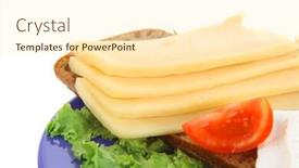  Presentation with blue cheese - Audience pleasing slide deck consisting of set of gourmet cheese slice and chunk bar white goat greek yellow french aged on half of rye bread on green lettuce salad with tomatoes on blue plate isolated over white background backdrop and a cream colored foreground