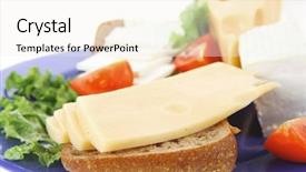  Presentation with blue cheese - Colorful presentation theme enhanced with set of gourmet cheese slice and chunk bar white goat greek yellow french aged on half of rye bread on green lettuce salad with tomatoes on blue plate isolated over white background backdrop and a sky blue colored foreground