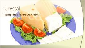  Presentation with blue cheese - PPT theme consisting of set of gourmet delicatessen cheese slice and chunk bar white goat greek yellow french aged on green lettuce salad with tomatoes on blue plate isolated over white background background and a cream colored foreground